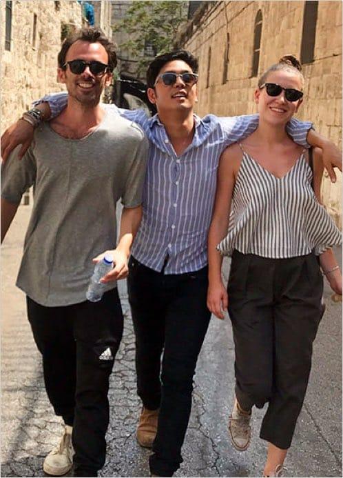 Three friends walking together.