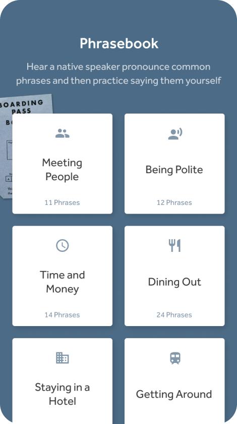 Rosetta Stone phrasebook displayed on a screen, featuring commonly used phrases for meeting people, being polite, and other travel activities with accent help
