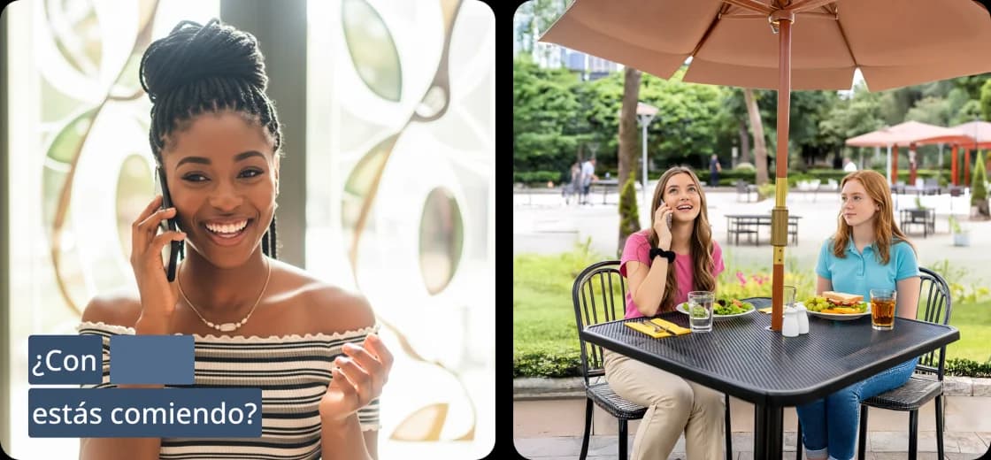 Rosetta Stone app screens showing bite-sized lesson activities covering speaking, reading, listening, and writing, with a Spanish phrase '¿Con estás comiendo?' displayed.