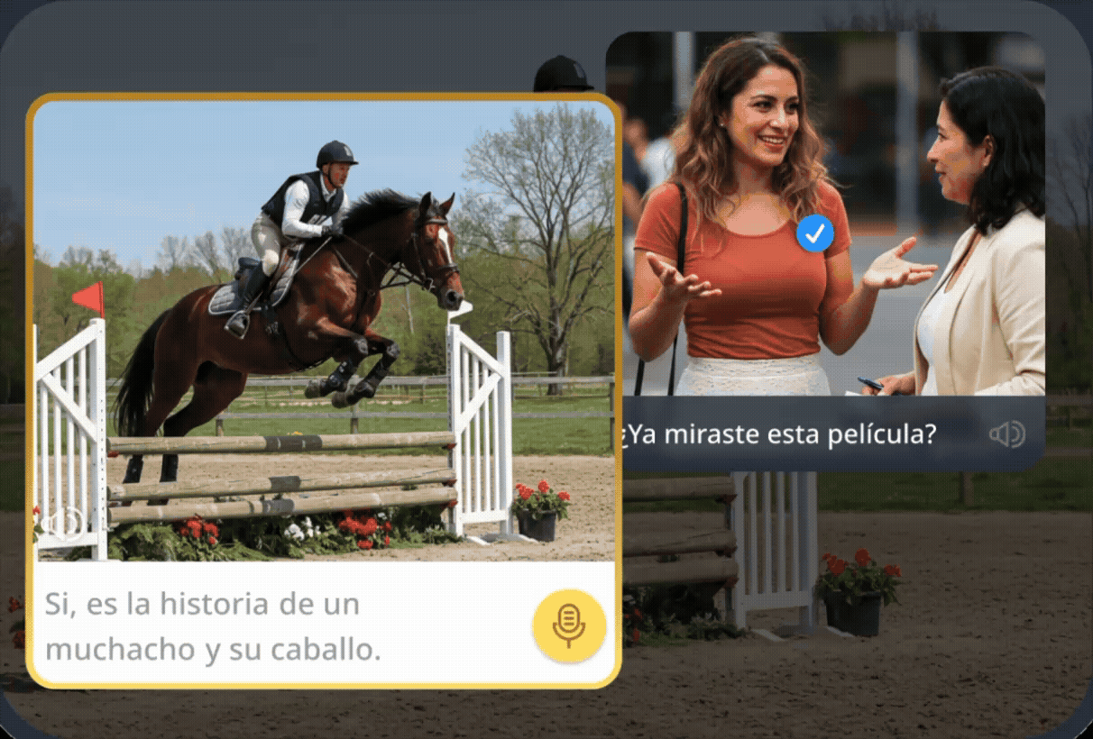A conversation exercise showing a side-by-side scene of a horse jumping a fence and two women talking, with Spanish dialogue bubbles, simulating a two-way conversation with a native speaker.