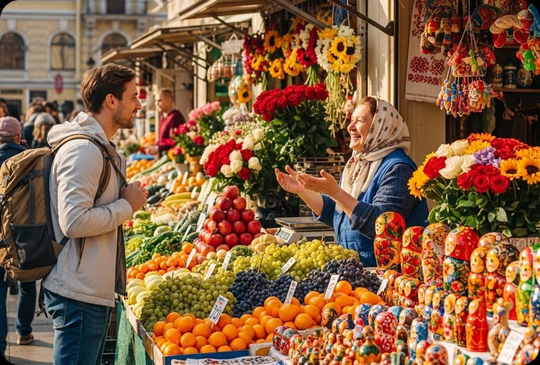 A traveler speaking Russian with a local seller at an outdoor market in Saint Petersburg.