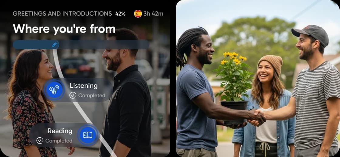 Rosetta Stone app interface showing a 'Where you're from' lesson with progress indicators for listening and reading, alongside a photo of people having an outdoor conversation.