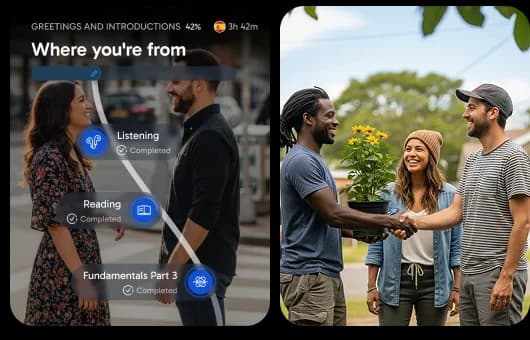 Rosetta Stone app interface showing a 'Where you're from' lesson with progress indicators for listening and reading, alongside a photo of people having an outdoor conversation.