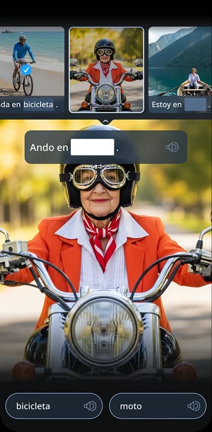 Rosetta Stone mobile app showing an image-matching exercise with photos of a man on a bicycle, a woman on a motorbike, and another woman on a boat, with Spanish vocabulary words displayed below.